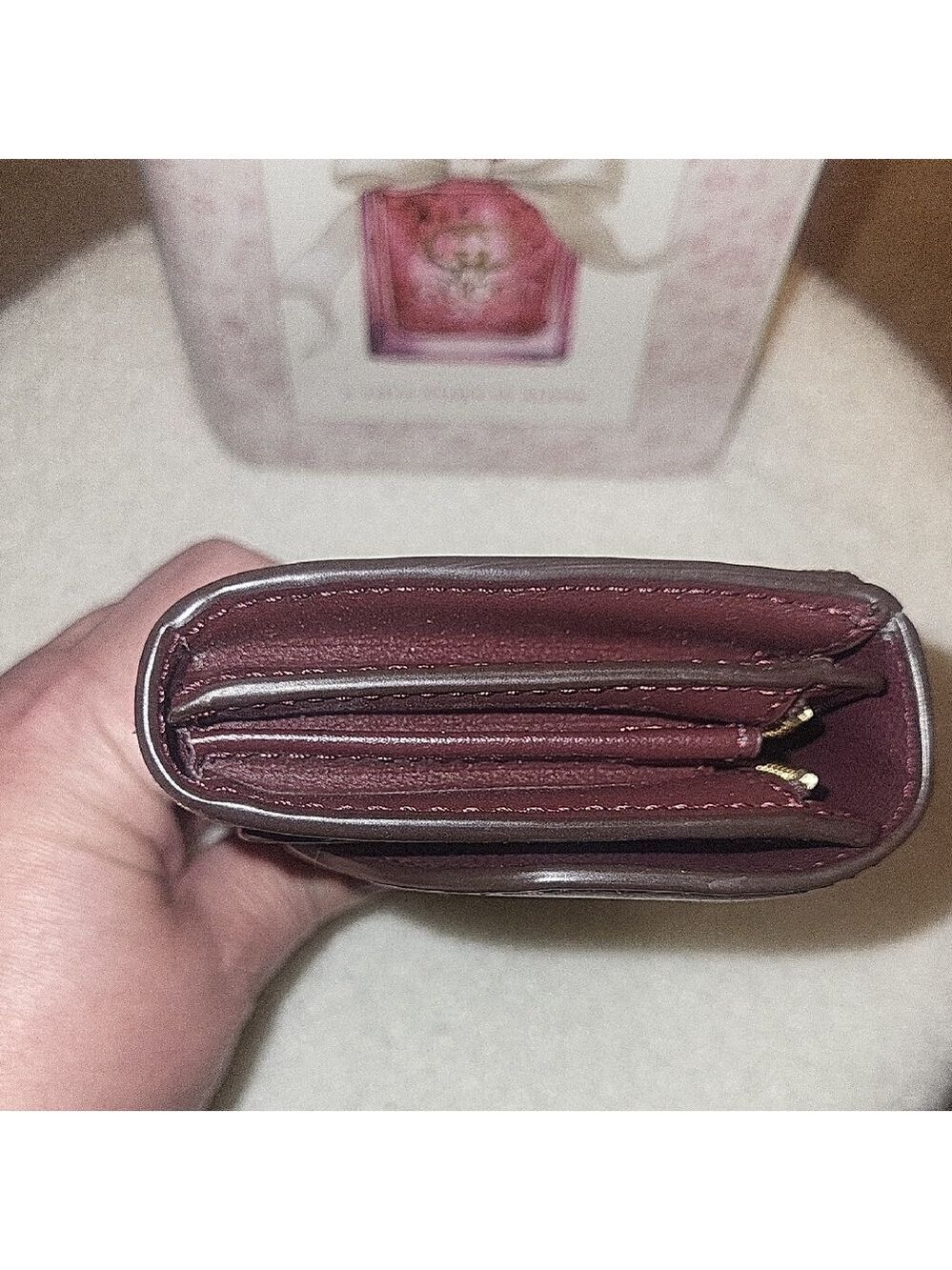 Coach Trifold Wallet in Burgundy, Pink & Brown Signature Canvas - Picture 9 of 13